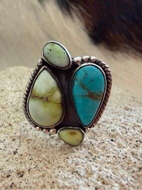 ❤️ Palomino Variscite Kingman Turquoise Navajo Style 4 Stone 925 Adjustable Ring